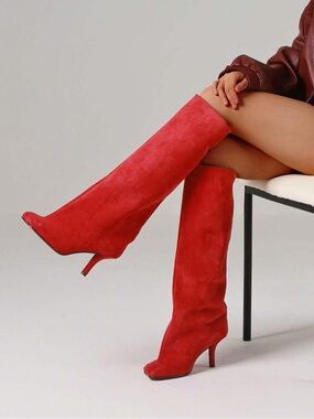 Knee High Square Toe Red Faux Suede Slouchy Kitten stiletto Heel Boots